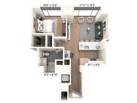 Floor plan for 1 bed, 1 bath, 753 sqft